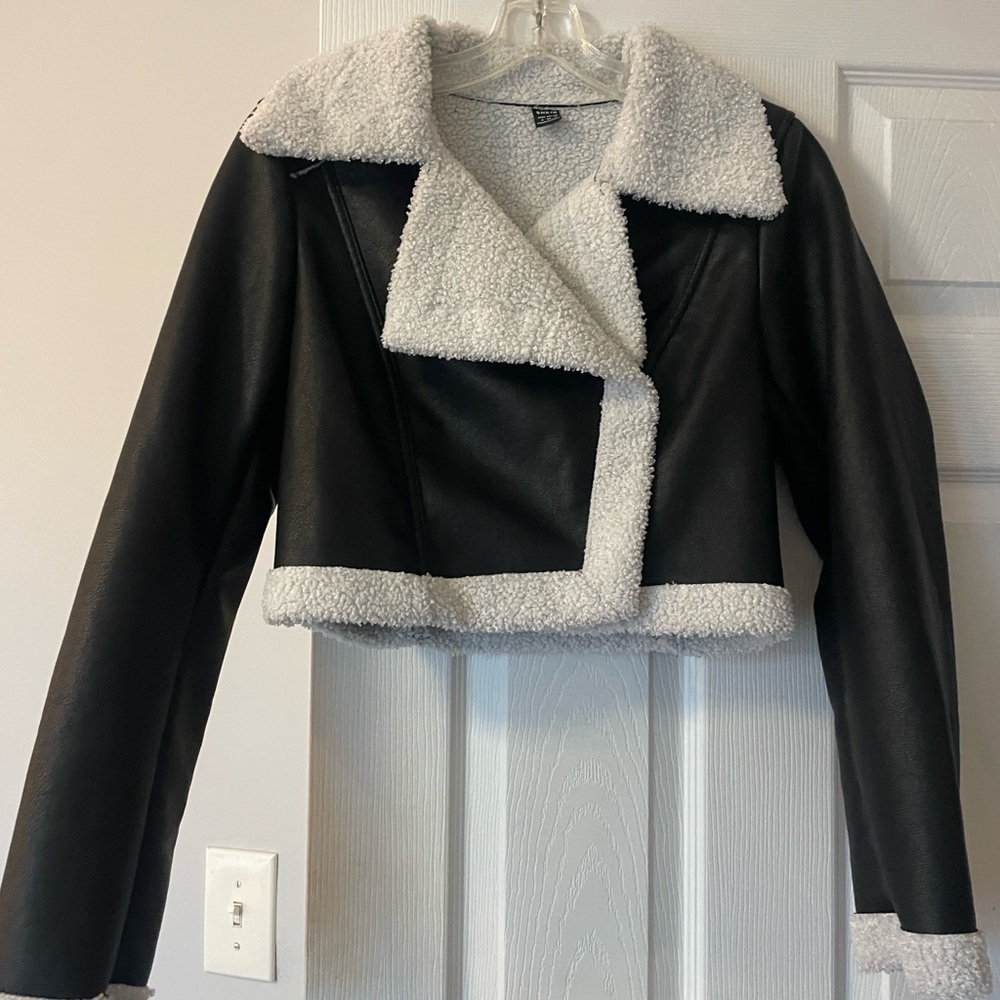 SHEIN Black and White Faux Shearling Leather Jacket - Picture 1 of 5